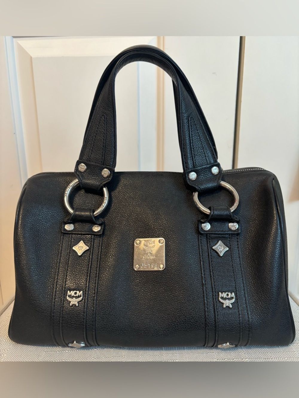 MCM Black Leather Top-Handle Boston Bag with Silver Accents